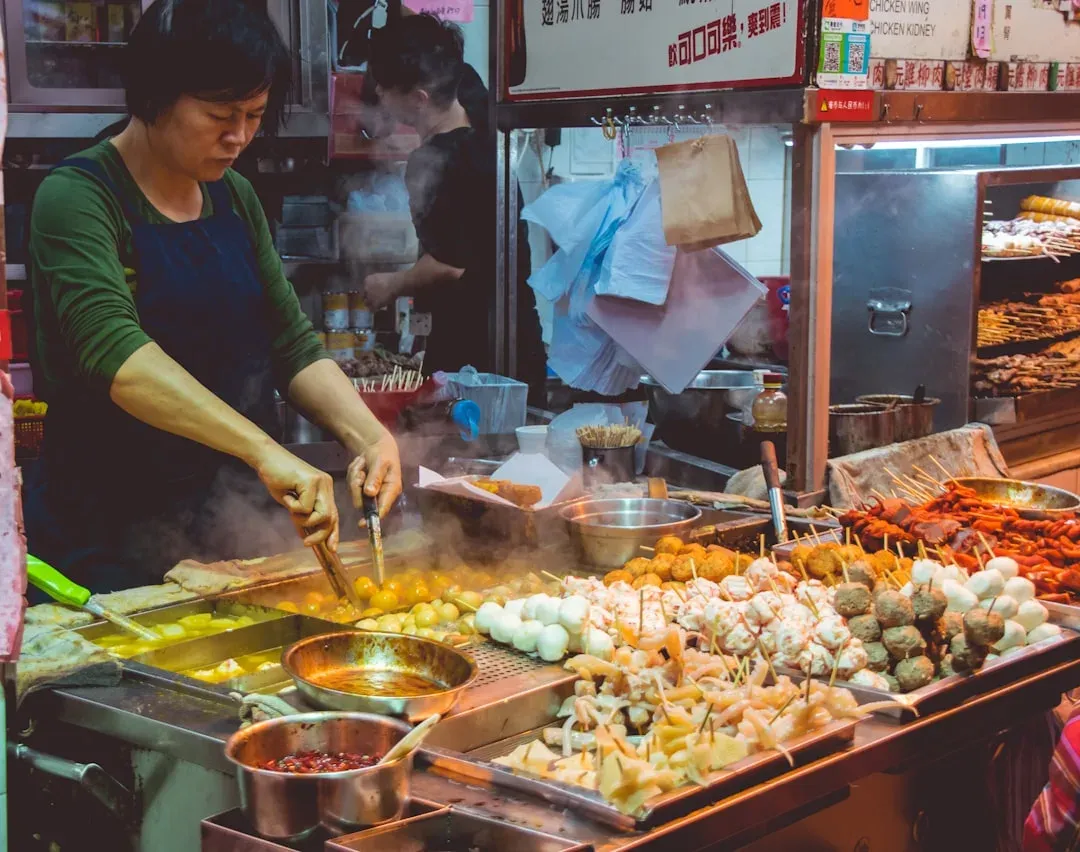 colorful street food vendors serving a variety of dishes